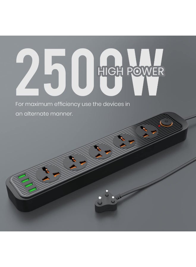 بورترونيكس Portronics Power Plate 6 with 4 USB Port + 5 Power Sockets Extension Board, 2500W Power Converter, Cord Length 3Mtr (Black) - Image 3